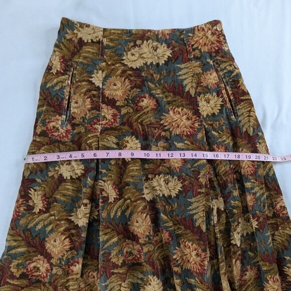 VTG Floral and Fern Corduroy Burgundy Green Side Button Maxi Skirt Folk Cottage - Picture 6 of 8
